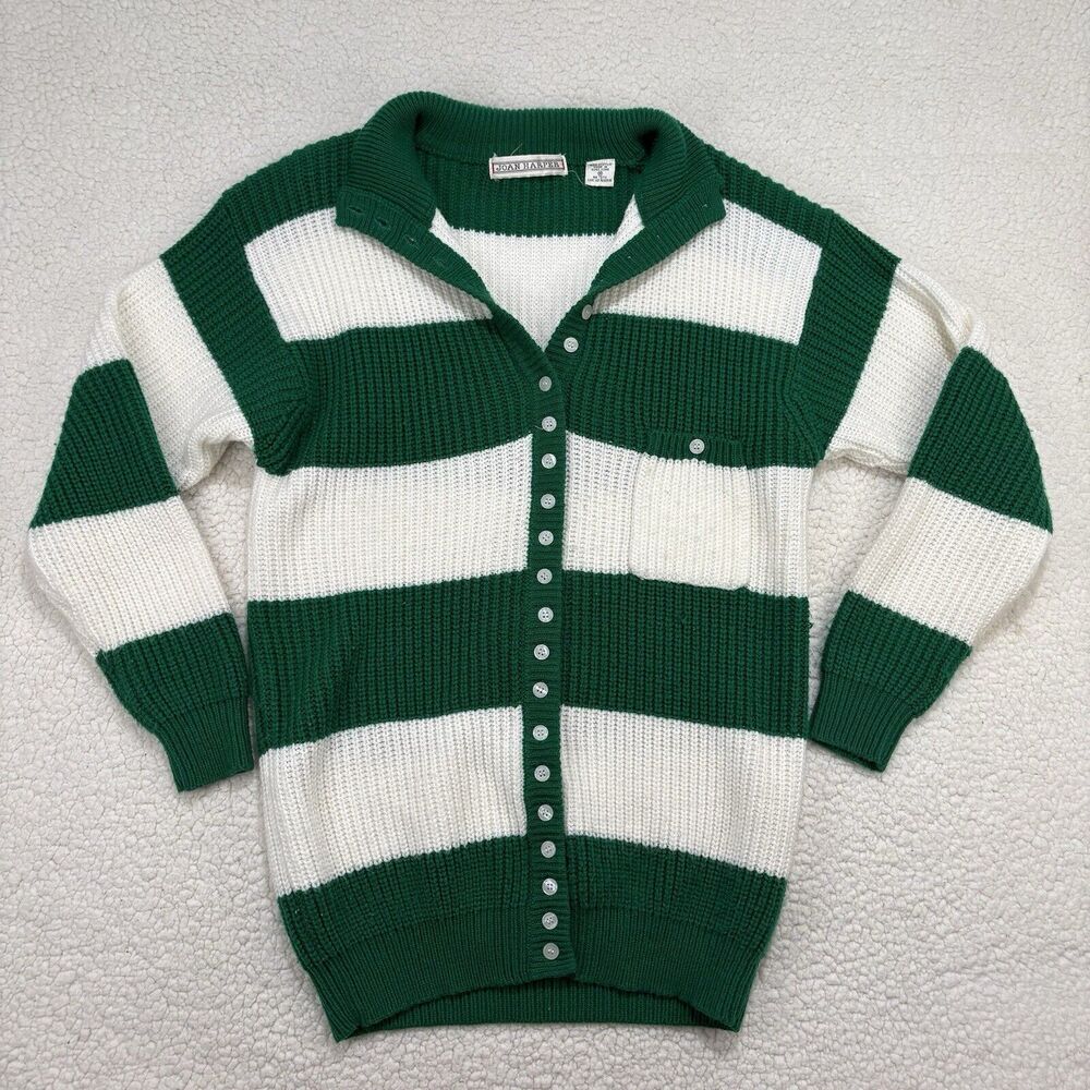 Vintage Joan Harper Knit Cardigan Sweater Womens M Button Green Striped Jumper